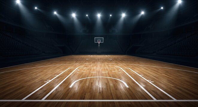 Empty Professional Basketball Court in Large Arena with Bright Spotlights