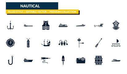 filled nautical icons set - bait, oil tanker ship, diving helmet, yacht facing right. editable vector for web and mobile ui © IconArt