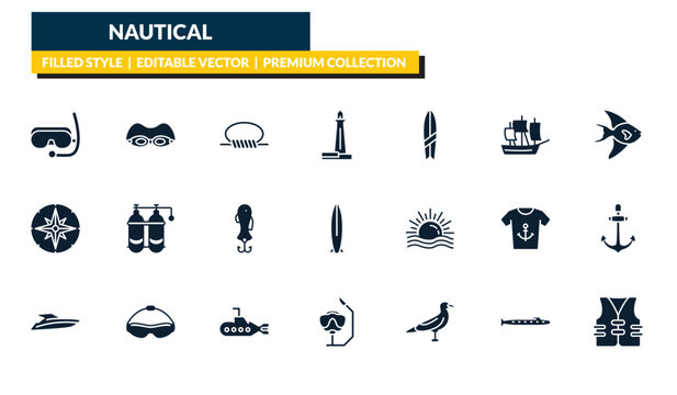 filled nautical icons set - snorkling glasses, swin goggle, fish facing right, vest. editable vector for web and mobile ui