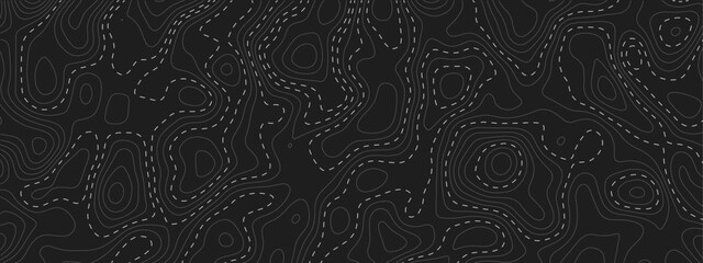 Modern minimalist topography background featuring dark abstract contour lines, seamless geographic elevation cartography and organic wavy terrain texture for digital art. © Noor Al Barakah