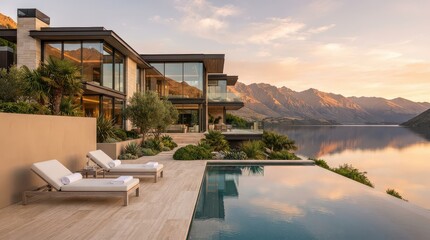 Fototapeta premium Modern mountain lake villa with infinity pool terrace
