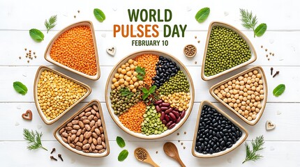 Naklejka premium World pulses day celebration with variety of lentils and beans in bowls
