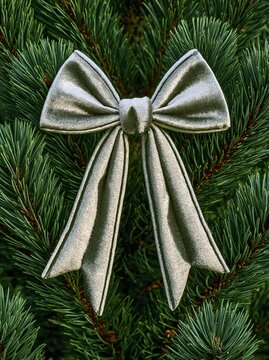 A silver bow ornament is positioned against a background of lush green pine branches