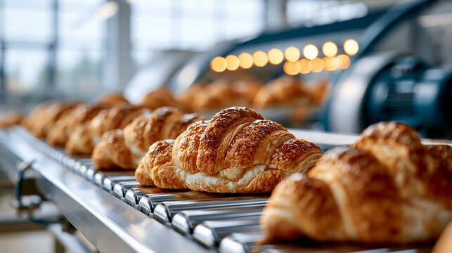Mechanical apparatus carrying rows of golden croissants along a stainless steel conveyor belt in a bright pastry production hall guarded machinery ensuring smooth safe operation