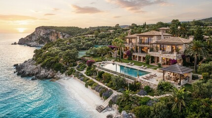 Fototapeta premium Coastal Mediterranean villa above beach with pool and gardens