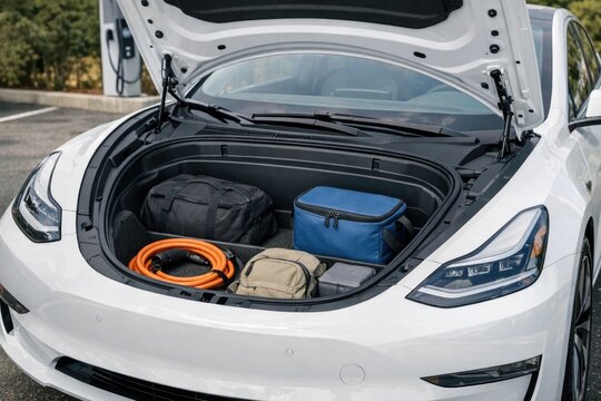 A shot of the trunk of a white Tesla car filled with luggage