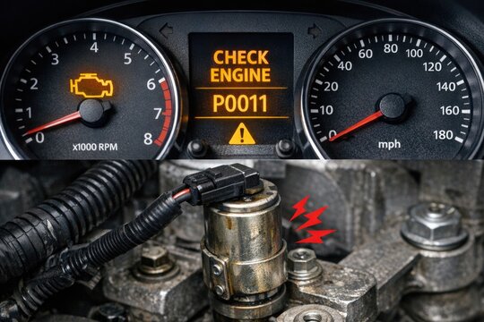 A close-up shot of a car dashboard showing a check engine warning light, suitable for automotive-related content