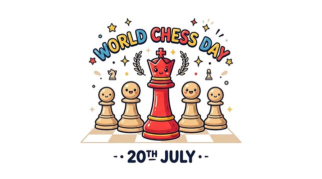 World chess day illustration with chess pieces and a crown on top of the king