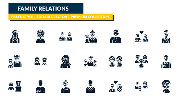 filled family relations icons set - cousin, sister, uncle, son. editable vector for web and mobile ui