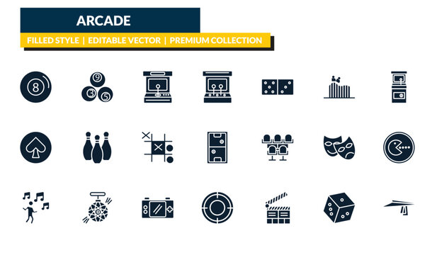 filled arcade icons set - eight ball, billiards, game hine, paraplane. editable vector for web and mobile ui