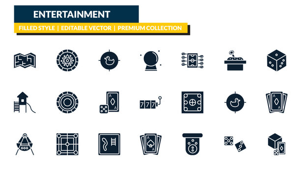 filled entertainment icons set - board game map, chinese checkers, die, board game box. editable vector for web and mobile ui