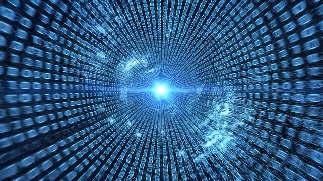 Digital data tunnel with bright light at the end, representing information flow and technological advancement