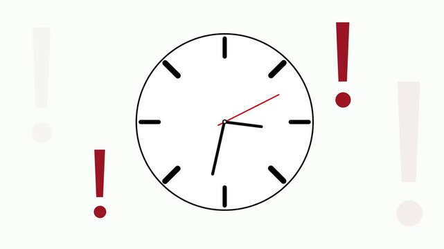 An animation of a clock with fast-spinning hands, symbolizing the passage of time. In the background are exclamation marks. A versatile footage suitable for a variety of video projects.