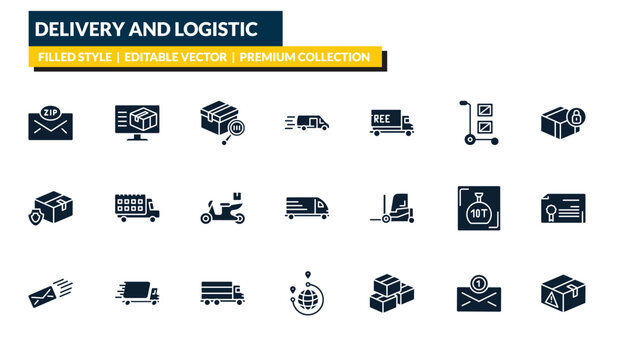 filled delivery and logistic icons set - zip code, delivery monitor, delivery safety, warning. editable vector for web and mobile ui