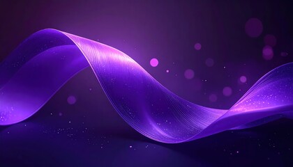 Elegant luminous purple wave ribbon flowing gracefully with sparkling particles and soft bokeh lights on a dark abstract background conveying luxury and technology.