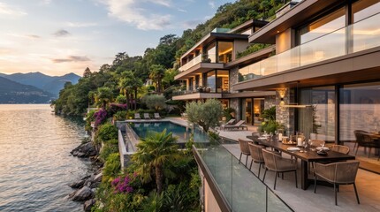Fototapeta premium Lakefront hillside villas with glass balconies, pool, dining terrace, and mountain view