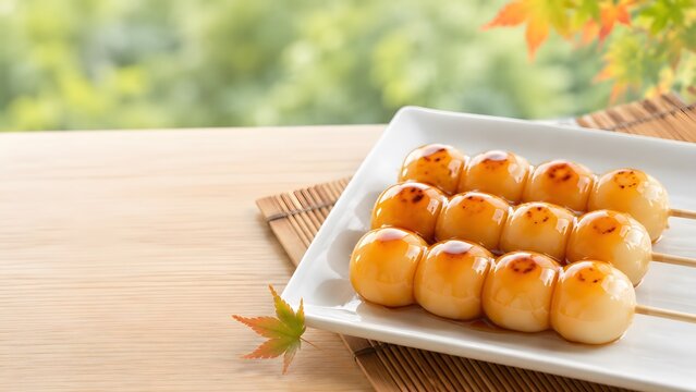 みたらし団子 琥珀色のタレがつやめく串団子の初秋の和菓子
