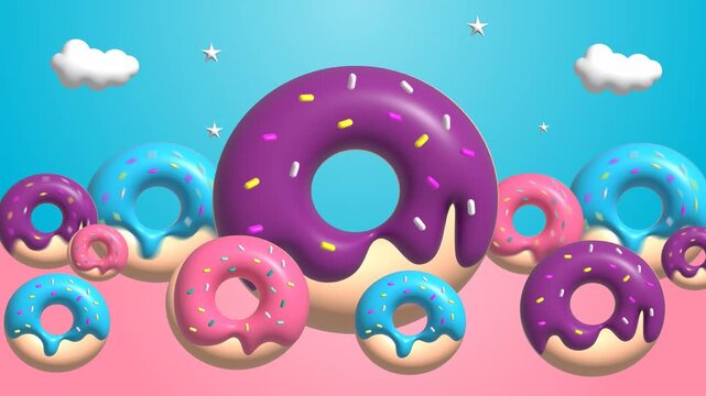 Colorful 3d donuts floating in a surreal pastel sky