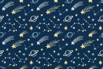 Space-themed seamless pattern with planets, stars and constellations on a dark © Gunawan