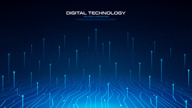 Modern technology banner with glowing light particles. Futuristic digital illustration with rising vertical beams from circuit mother board to sky on deep blue gradient. Futuristic concept. Vector.
