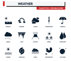 filled weather icons set - rainbow, clouds, thermometer, umbrella. editable vector for web and mobile ui © IconArt