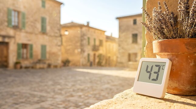Close up of digital thermometer screen showing forty three degrees celsius next to lavender flower pot on stone wall in sunny afternoon with blurry old buildings in background.
