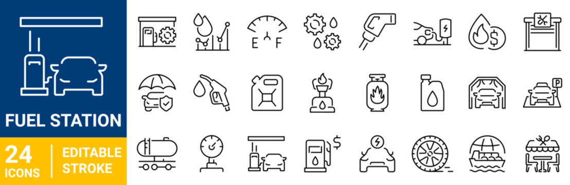 Fuel station linear icons covering refueling services, gasoline infrastructure and vehicle energy supply. Contains fuel pumps, charging stations, canisters, car wash, pricing, indicators