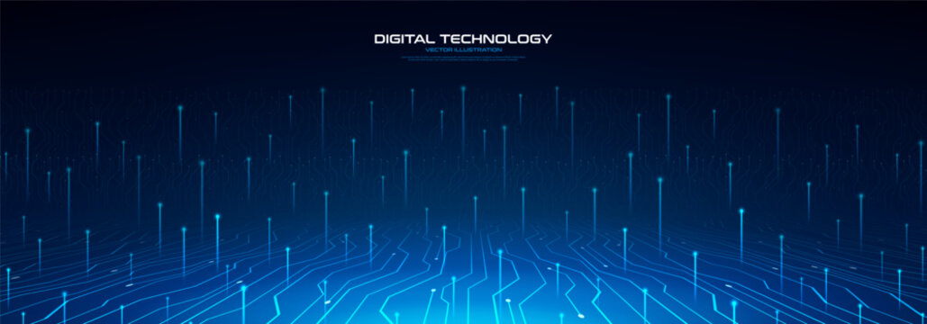 Modern technology banner with glowing light beams. Futuristic digital illustration with rising vertical beams from circuit mother board to sky on deep blue gradient. Futuristic concept. Vector.