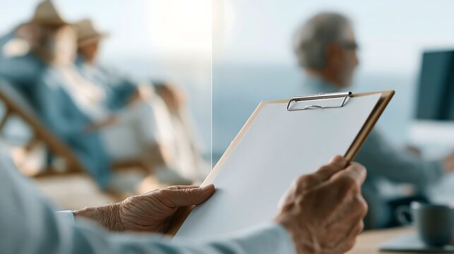 Senior holding a blank clipboard while retirees relax on one side and older adults continue working on the other, suitable for retirement age reform, delayed retirement and pension policy concepts