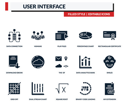filled user interface icons set - humans, play files, percentage chart, rectangular certificate. editable vector for web and mobile ui