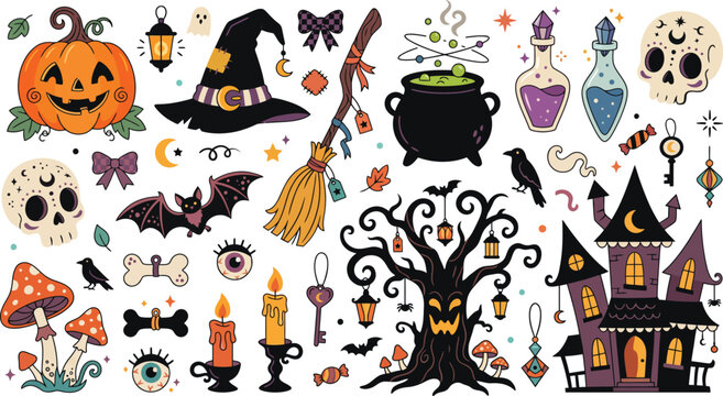 A collection of colorful hand drawn halloween elements featuring pumpkins witches hats bats skulls potions a haunted house and spooky trees