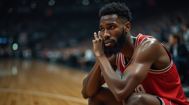 Jugador de baloncesto agotado sentado a pie de pista, con el sudor goteando