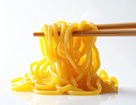 Golden noodles, perfectly cooked and glossy, are held aloft by wooden chopsticks