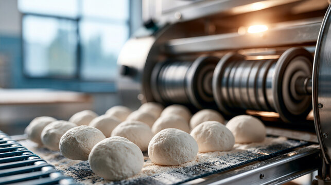 Automatic dough divider and rounder machine forming uniform white dough balls that drop onto a floured conveyor belt stainless steel housing and rotating rollers bright clean