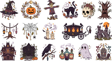Obraz premium Set of fifteen cute hand drawn halloween stickers featuring spooky characters like ghosts pumpkins witches cats and haunted houses for decoration