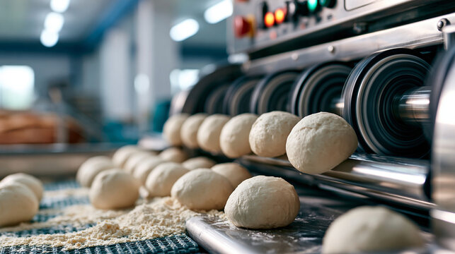 Automatic dough divider and rounder machine forming uniform white dough balls that drop onto a floured conveyor belt stainless steel housing and rotating rollers bright clean