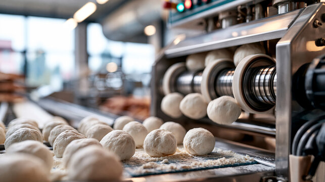 Automatic dough divider and rounder machine forming uniform white dough balls that drop onto a floured conveyor belt stainless steel housing and rotating rollers bright clean