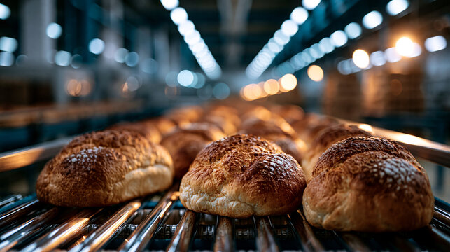 Front view of a bakery conveyor belt densely filled with baked bread loaves stretching into the depth of a bright factory hall symmetrical composition gleaming steel rails