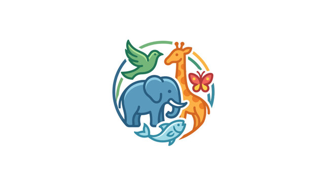 Colorful circular illustration featuring a variety of wild animals and nature elements.