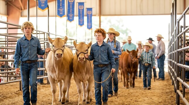 Two young boys proudly walk their calves during livestock show event in a barn with spectators watching nearby, blue ribbons displayed overhead.