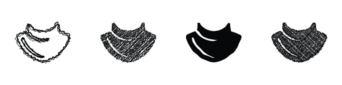 Collection of four distinct bib icons, showcasing various artistic styles from detailed sketch to solid silhouette, representing baby apparel