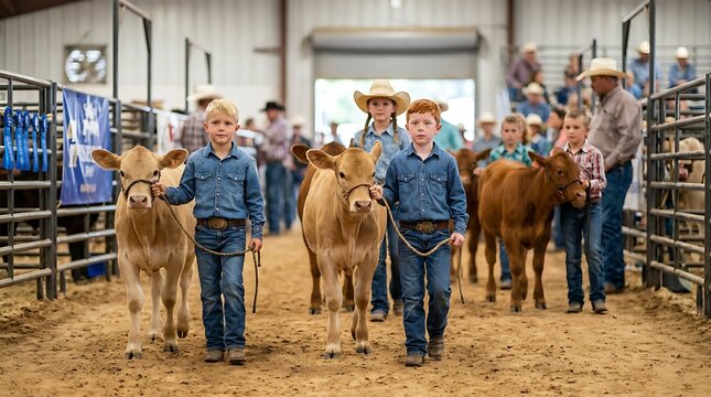 Two young boys proudly walk their calves during livestock show event in a barn with spectators watching nearby, blue ribbons displayed overhead.