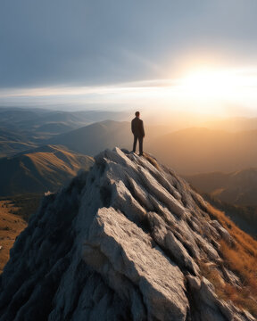 Confident person standing on mountain peak overlooking sunrise, dramatic landscape, solitude, achievement, inspiration, adventure