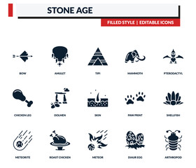 filled stone age icons set - amulet, tipi, mammoth, pterodactyl. editable vector for web and mobile ui © IconArt