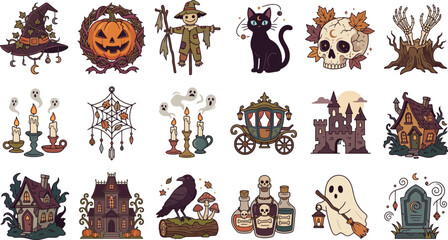 Obraz premium Set of various vintage style halloween illustrations featuring pumpkins ghosts skulls witches hats black cats and haunted houses for design