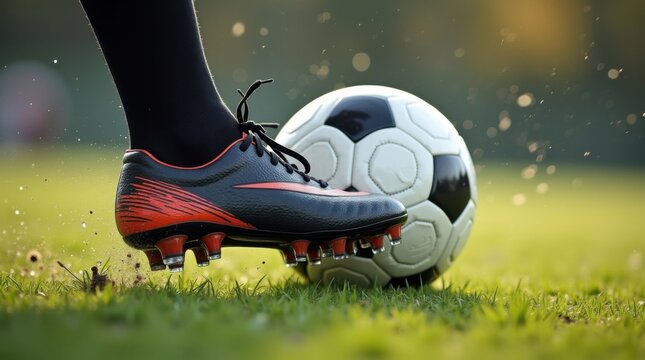 Primer plano de una bota de f&uacute;tbol golpeando un bal&oacute;n en el preciso instante del impacto