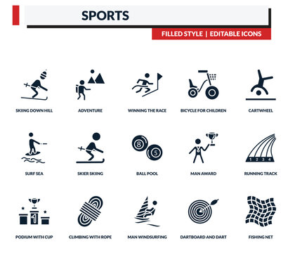 filled sports icons set - adventure, winning the race, bicycle for children, cartwheel. editable vector for web and mobile ui