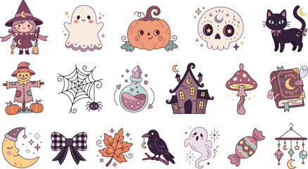 Obraz premium A collection of cute hand drawn halloween stickers featuring a witch ghost pumpkin skull cat scarecrow spider house and moon