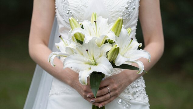 Close up of bride holding a bouquet of white lilies on her wedding day