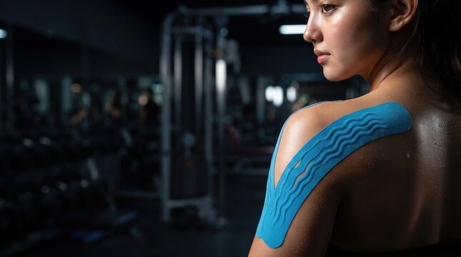 Close-up of Athletic Woman with Blue Kinesiology Tape on Shoulder at Gym